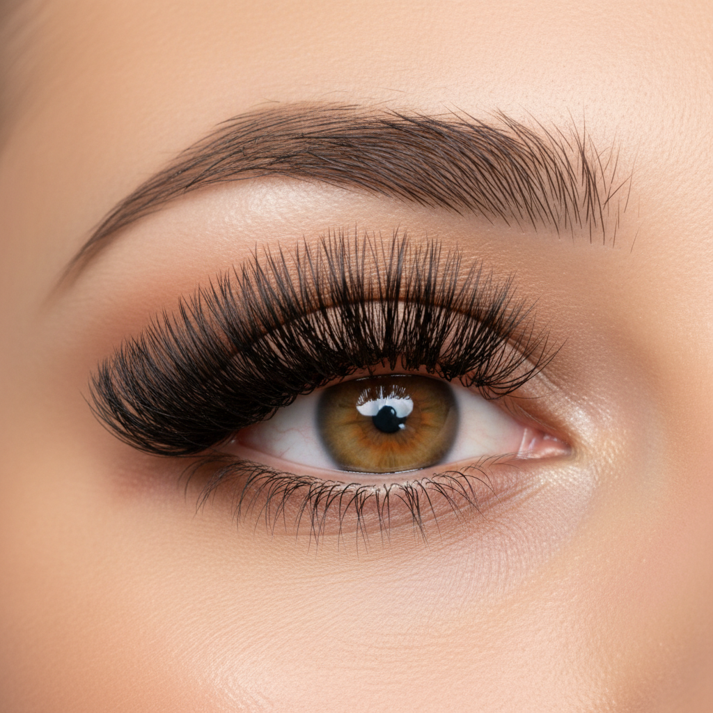Dramatic volume eyelash extensions on a woman's eye